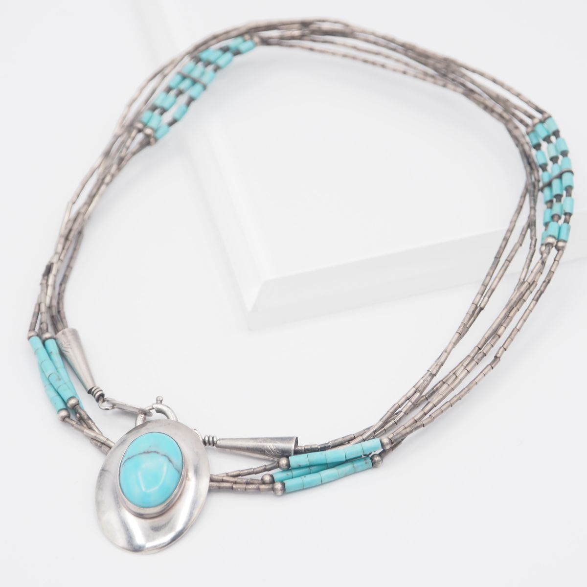 C790 ターコイズ トルコ石 STERLING 925刻印 ペンダント ネックレス 3連 シルバービーズ デザイン シルバー ヴィンテージ 12月誕生石