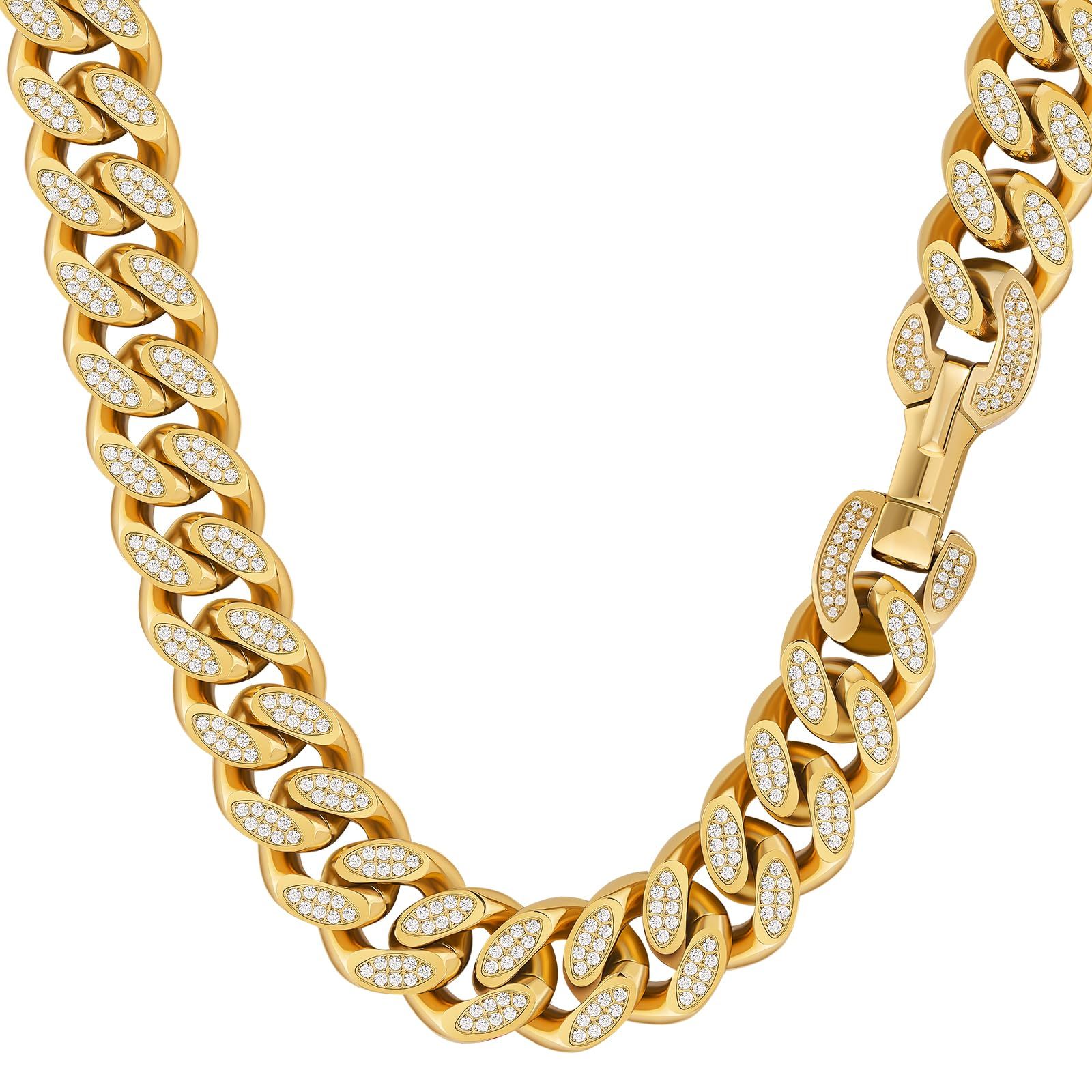 KRKC&CO 喜平チェーンネックレス 46cm 幅18mm ステンレス メンズネックレス ジルコニア 18mm マイアミ キューバンチェーン CZダイヤ K18金メッキ 極太 キヘイ ヒップホップ ストリート ラッパー ダンサー