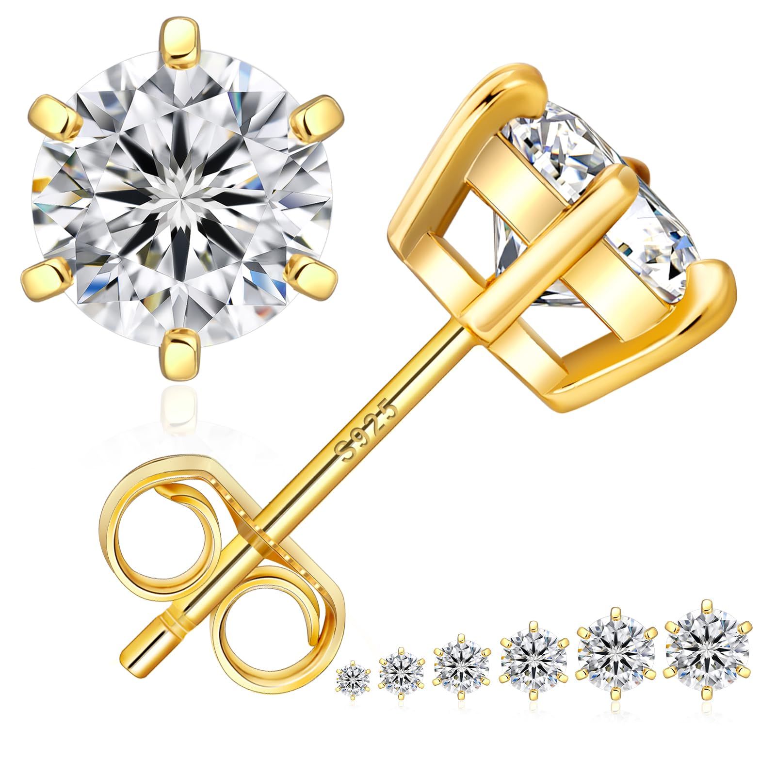 KRKC&CO モアサナイト ピアス 7.5mm レディース シルバー925 6本爪 人工ダイヤ 一粒ピアス 20G 金アレ対応 3.0ct- GD