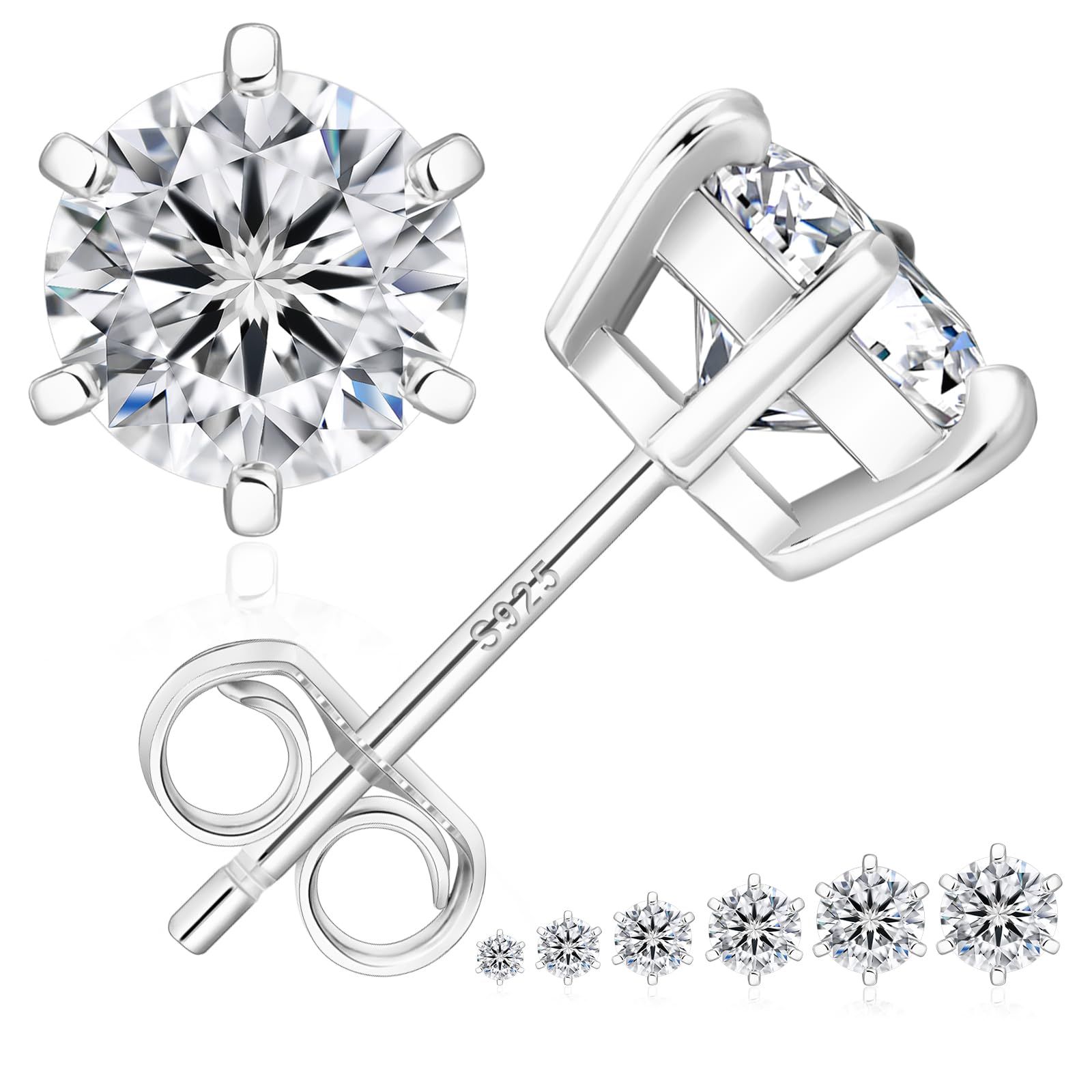 KRKC&CO モアサナイト ピアス 7.5mm レディース シルバー925 6本爪 人工ダイヤ 一粒ピアス 20G 金アレ対応 3.0ct- SL