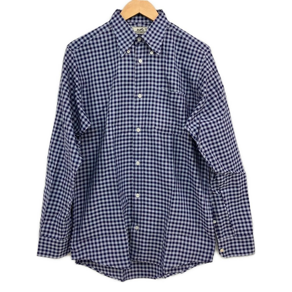HERMES(エルメス) 長袖シャツ サイズ4015 3/4 メンズ美品 ネイビー チェック柄/セリエボタン/スターマーク
