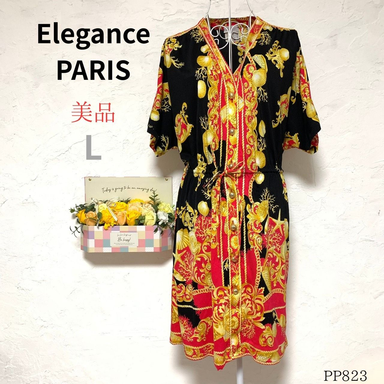 美品【エレガンス パリ】Elegance PARIS L レディース ワンピース 黒 赤 カットソー 薄手 フロントボタン バロック調 ウエストドローコード イタリア製 スタイリッシュ カジュアル お出かけ 旅行 まちぶら らくらく リラックス 華やか