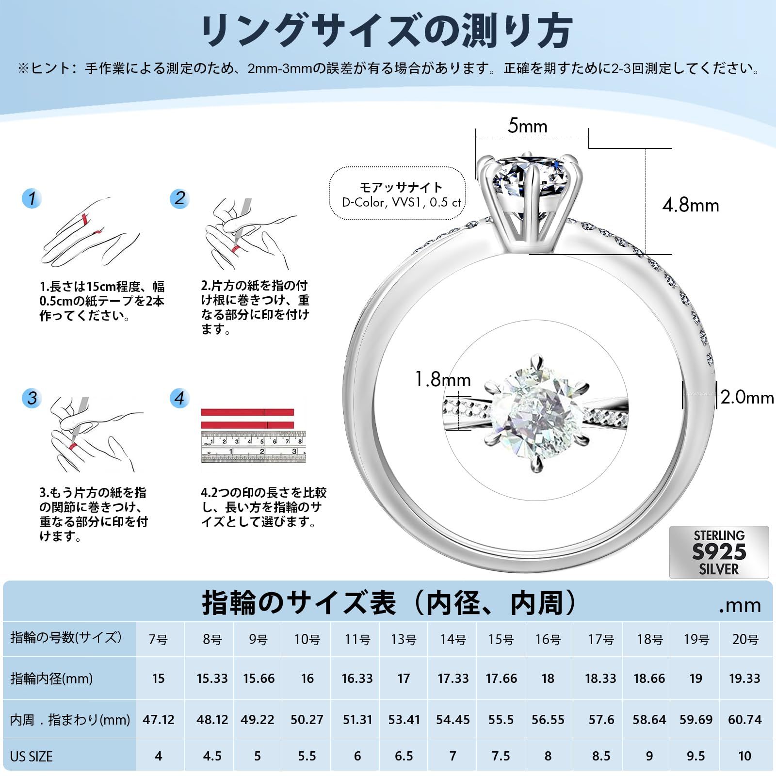 婚約指輪 15号 プロポーズリング レディース 0.5ct Dカラー VVS1モアサナイト リング スターリングシルバー ホワイトゴールドメッキ 女性 キラキラジュエリー(サイズ )