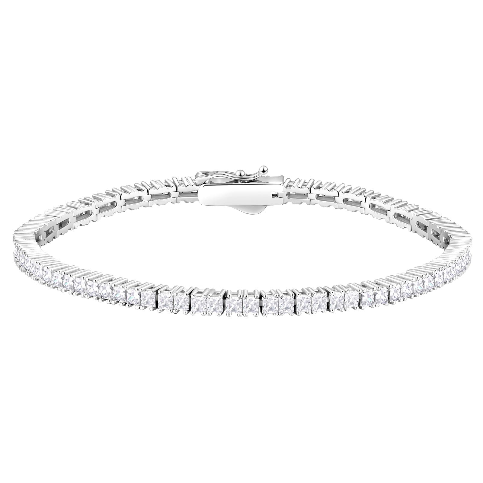 テニスブレスレット 19cm 幅2mm シルバー925 プリンセスカット 2mm ジルコニア レディース ぶれすれっと ホワイトゴールドメッキ 4本爪 CZダイヤ キラキラ ジュエリー ボックス付 (2mm-シルバー, 19)