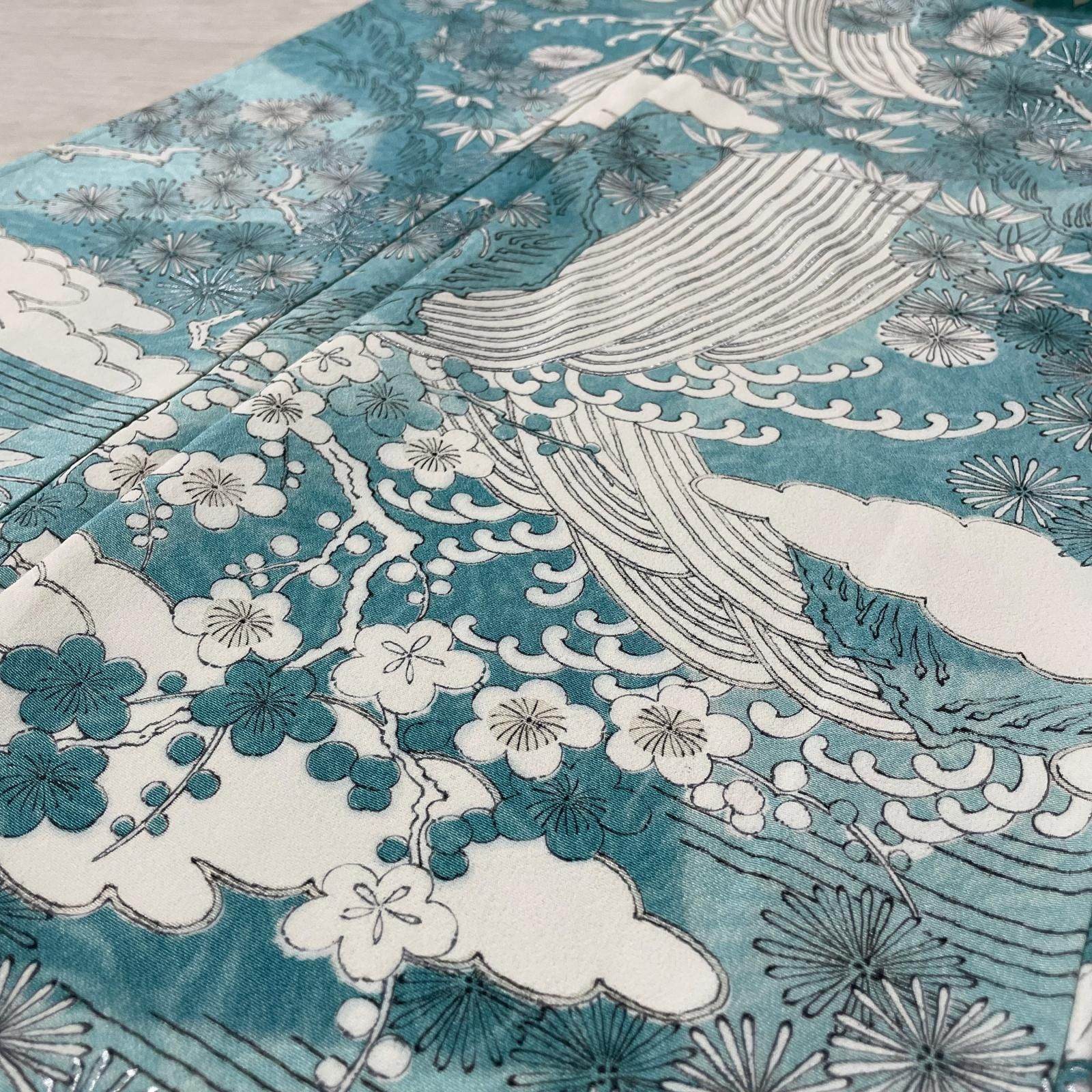 小紋 ちりめん 荒波 花模様 着物 正絹 X-6664
