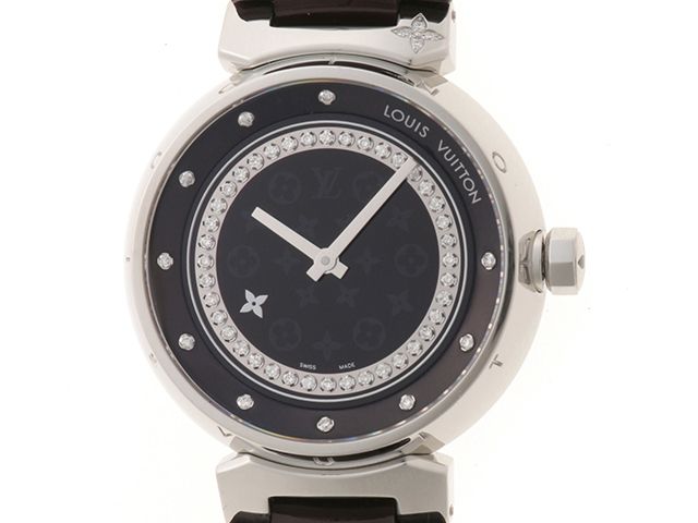 LOUIS VUITTON ルイ・ヴィトン タンブール ディスク ディアモンMM Q1319 腕時計 ステンレススチール/ヴェルニ ダイヤモンドアマラント文字盤 クオーツ レディース【中古】472