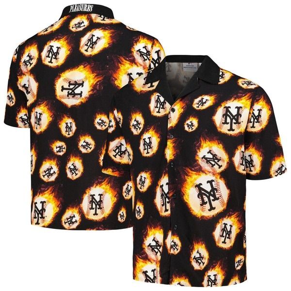 プレジャーズ メンズ トップス シャツ Mens PLEASURES Black New York Mets Flame Fireball ButtonUp Shirt Black ブラック