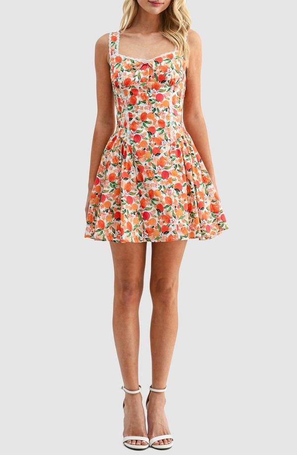 オールインフボール レディース トップス ワンピース プリント ミニ コットン レース All in Favor Tangerine Print Lace Detail Fit Flare Cotto
