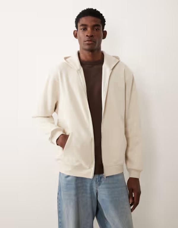 エイソス メンズ アウター パーカー・スウェット ASOS DESIGN Essentials relaxed zip up hoodie Rainy day オフホワイト 12,565円