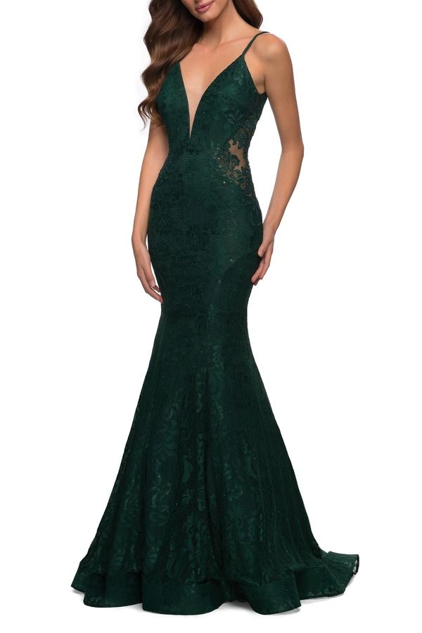 ラフェム レディース トップス ワンピース レース La Femme Long Mermaid Lace Dress with Back Rhinestone Detail Emerald エメラルド