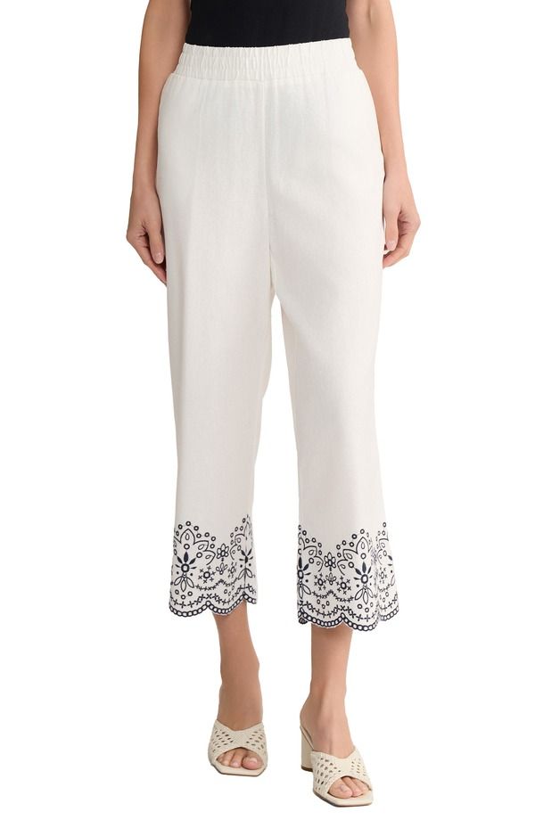 ジョーンズニューヨーク レディース ボトムス レギンス パンツ 刺繍 リネン Jones New York Embroidered Hem Linen Blend Cropants Natural W