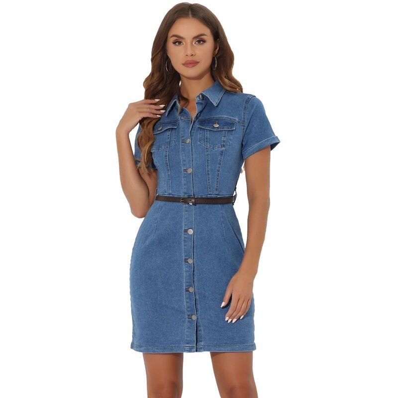 アレグラ ケー レディース トップス ワンピース シャツ デニム ALLEGRA K Womens Denim Shirt Dress Collar Short Sleeve Belted Butto