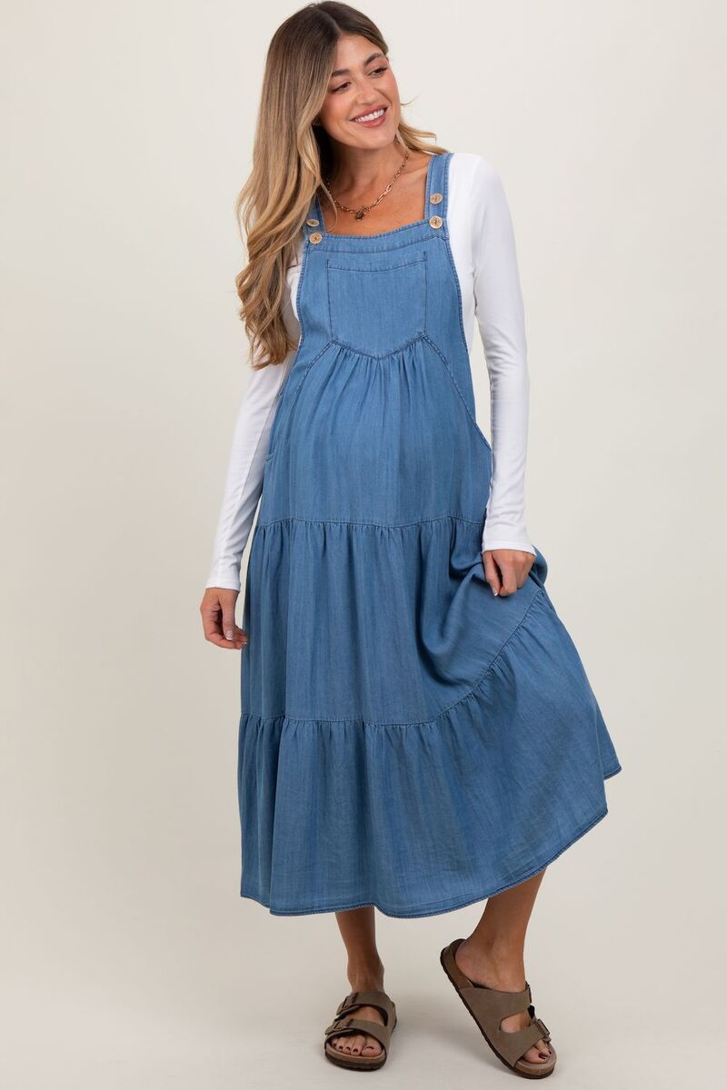 ピンクブラッシュ レディース トップス ワンピース ティアード ミディ オーバーオール マタニティ PinkBlush Maternity Chambray Overall Tiered Midi D