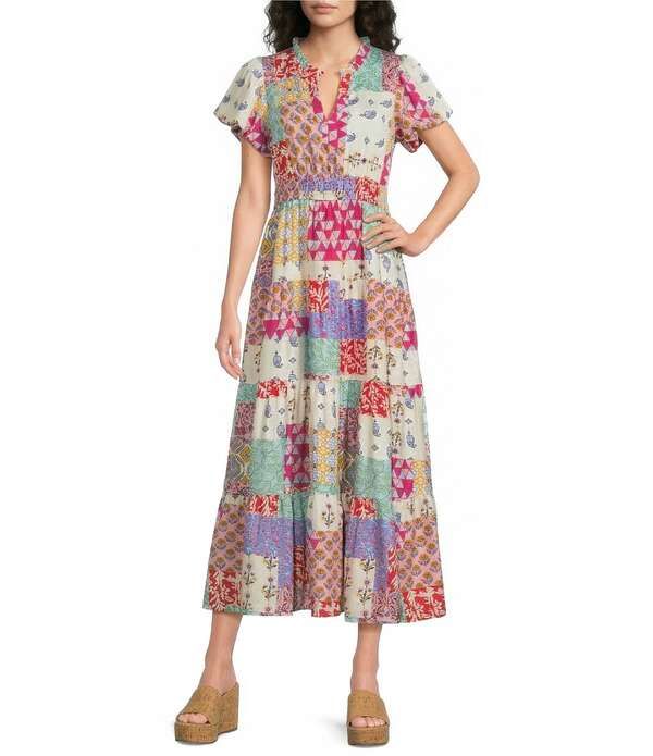 カレッサ レディース トップス ワンピース Vネック ティアード A ライン ミディ Calessantique Mosaic Split VNeck Short Sleeve Tiered ALin