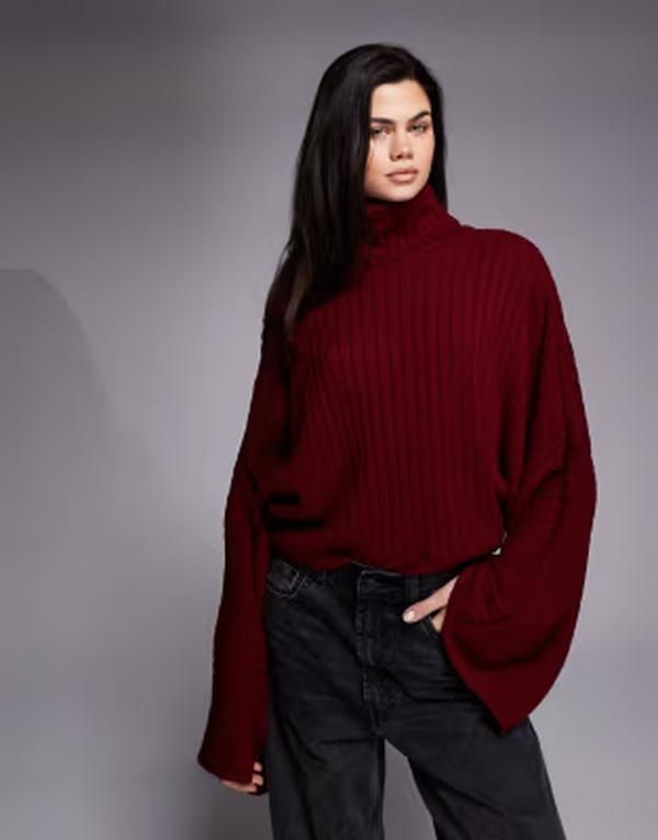 カイア レディース アウター ニット・セーター ハイネック Kaiia Exclusive high neck wide sleeve oversized sweater Burgundy バーガンデ