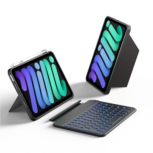 対応iPad mini 7/6 キーボード、取り外し可能なキーボード、156°調整可能なサポートバックパネル、正確な全面保護のiPad mini 7/6ケース、11個のショートカットキー、7色のバックライト、シリコンPU、多機能、英語配列、B 2dfb32c9