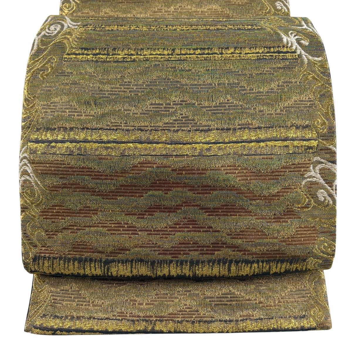 【美品】 袋帯 名品 錦紫煌 波 縞 箔 茶緑色 六通 正絹 【中古】 11,060円