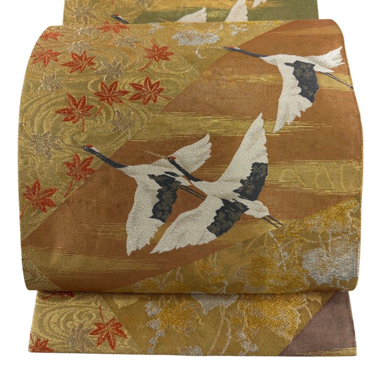 【美品】 袋帯 名品 証紙 鶴 紅葉 箔 金銀糸 金色 六通 正絹 【中古】 11,534円