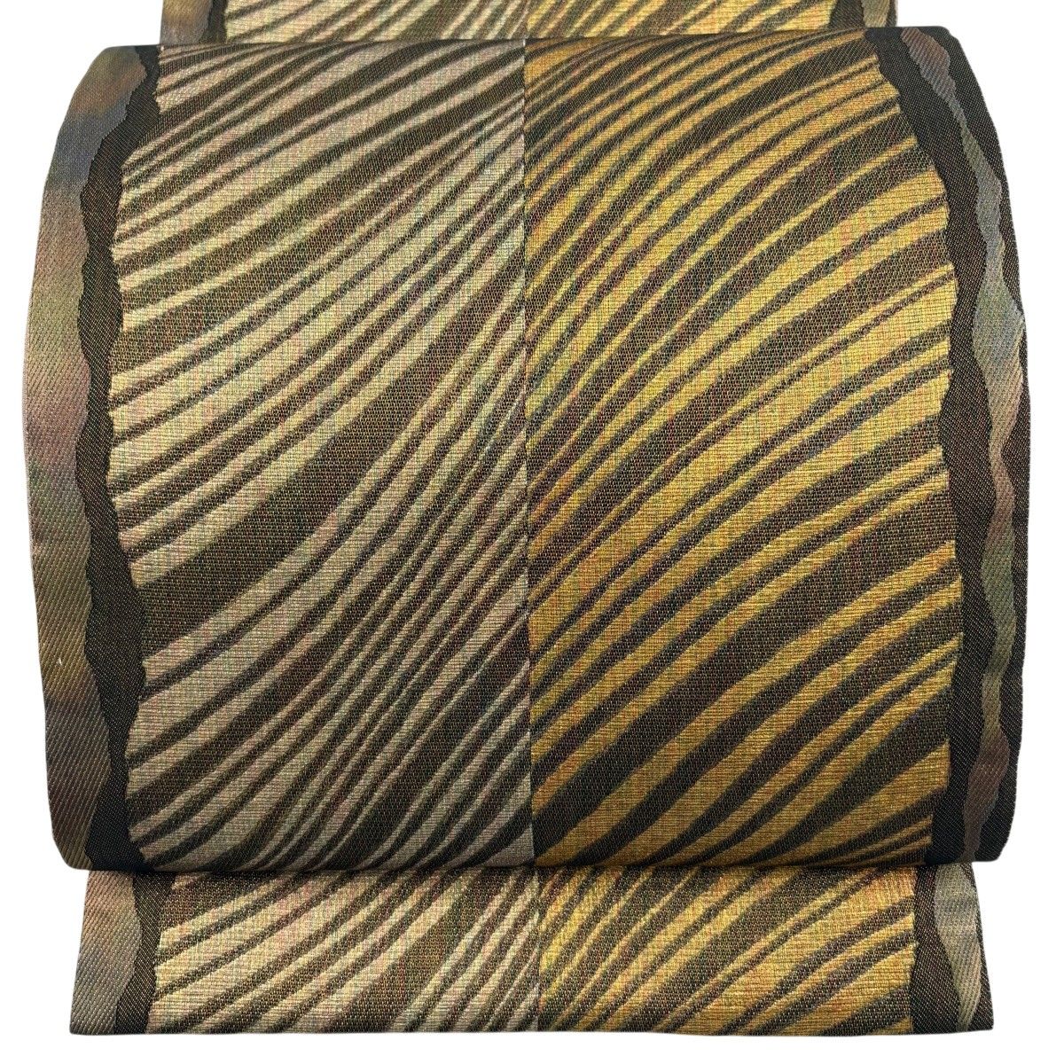 【美品】 袋帯 名品 斜縞 幾何学模様 箔 金糸 茶緑色 全通 正絹 【中古】 12,008円