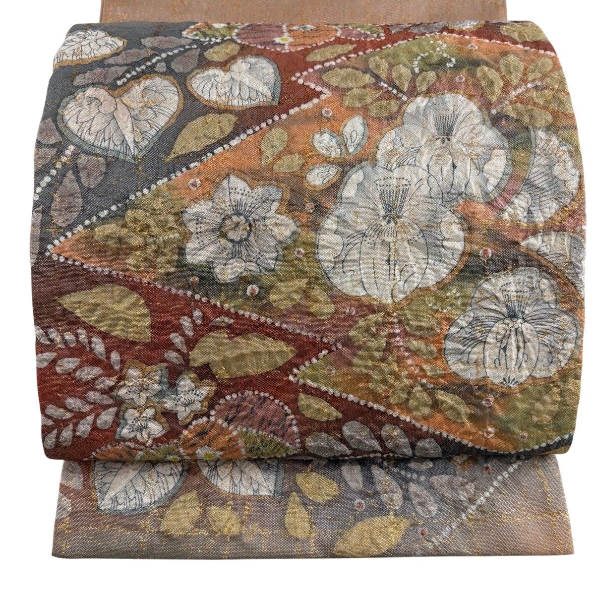 【美品】 袋帯 名品 松皮菱 草花 箔 ぼかし 薄オレンジ お太鼓柄 正絹 【中古】