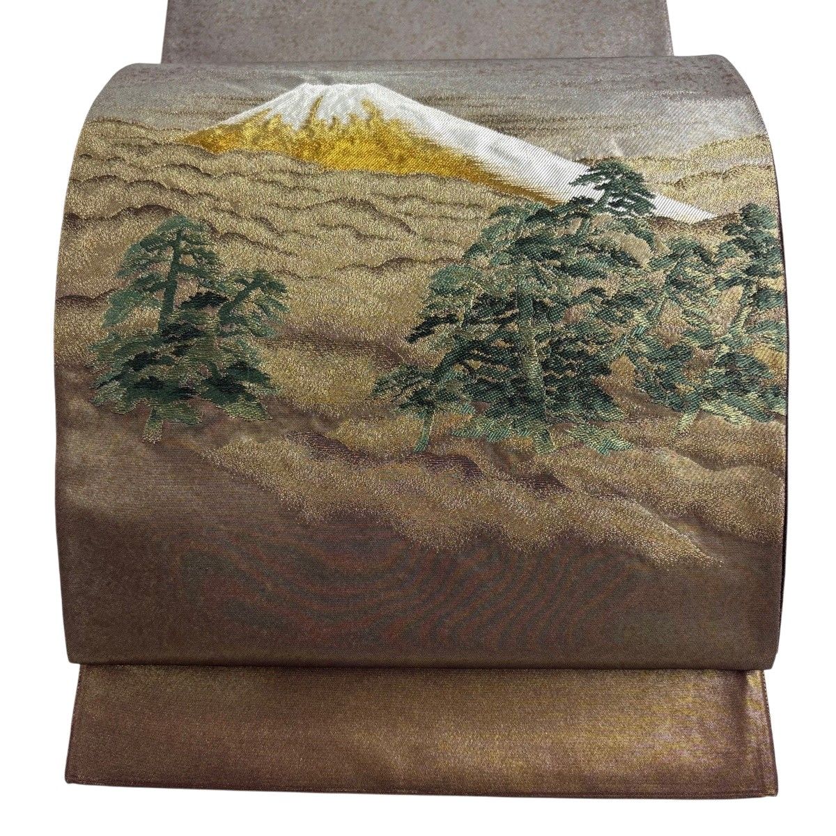 袋帯 名品 じゅらく 落款 横山大観 山色新 山 樹木 金糸 箔 灰茶 お太鼓柄 正絹 【中古】