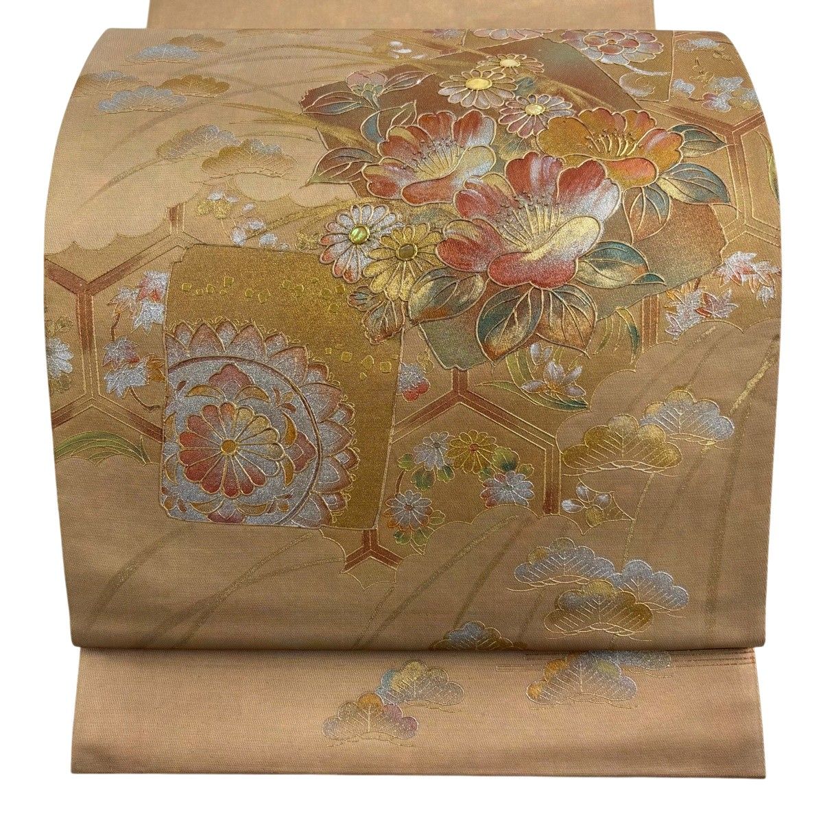 袋帯 名品 破れ色紙 草花 螺鈿 金銀彩 薄茶色 お太鼓柄 正絹 【中古】