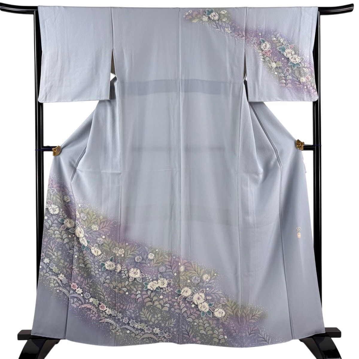 訪問着 身丈161cm 裄丈65cm M 袷 落款 辻が花 芝 ぼかし 青灰色 正絹 名品 【中古】