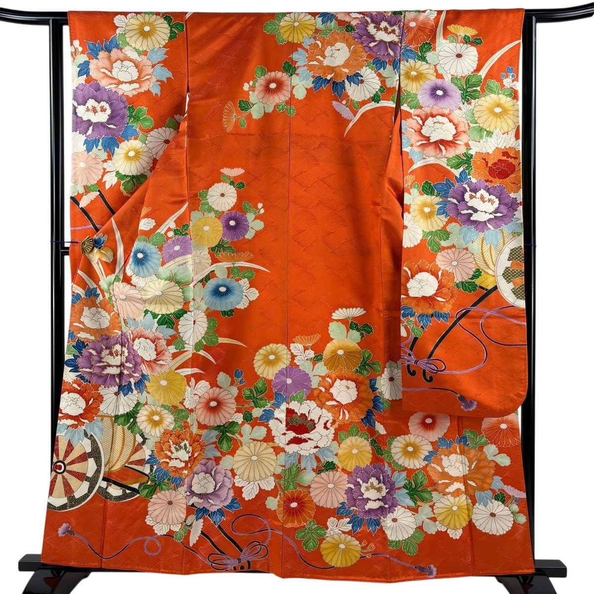 振袖 身丈159.5cm 裄丈63cm S 袷 花車 牡丹 金通し 金銀糸 オレンジ 正絹 秀品 【中古】 6,600円