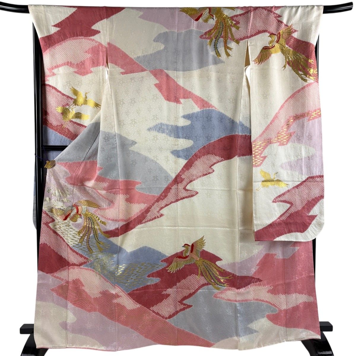振袖 身丈166.5cm 裄丈68.5cm L 袷 鳳凰 波 絞り 刺繍 ピンク 正絹 秀品 【中古】
