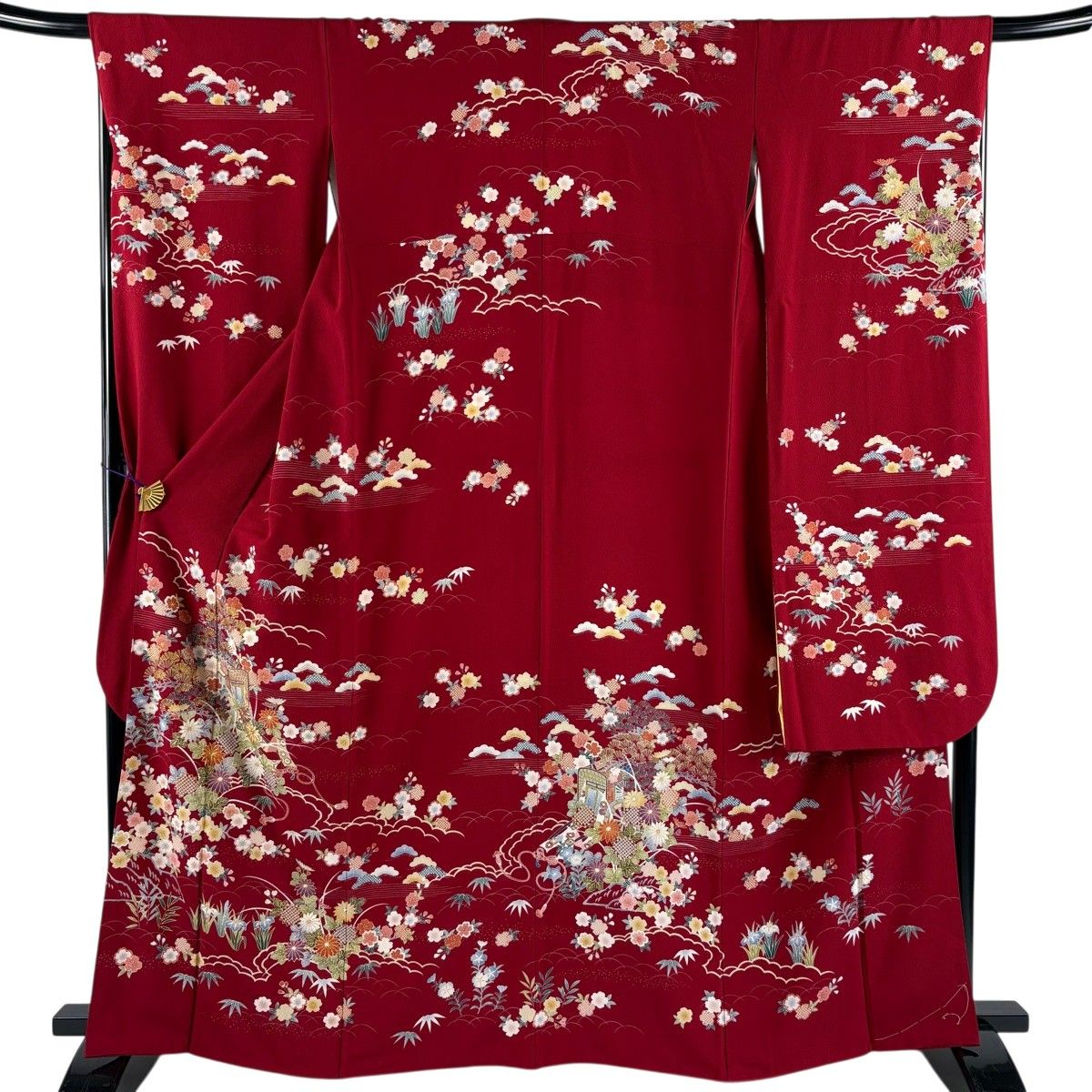 振袖 身丈164cm 裄丈66.5cm M 袷 御所車 桜 金糸 金彩 えんじ色 正絹 秀品 【中古】 6,864円