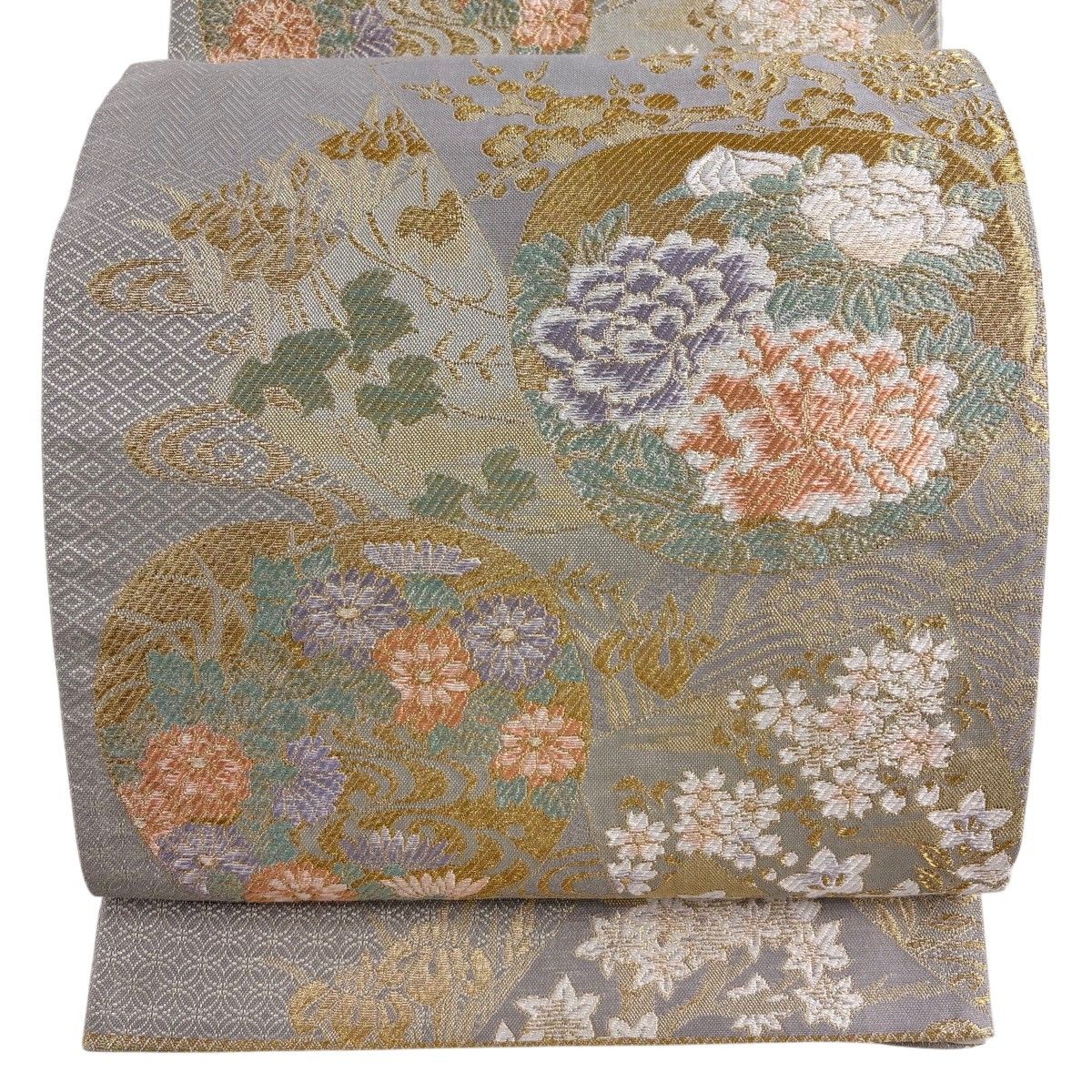 【美品】 袋帯 秀品 都琳派 団扇 牡丹 金銀糸 灰色 六通 正絹 【中古】 7,040円