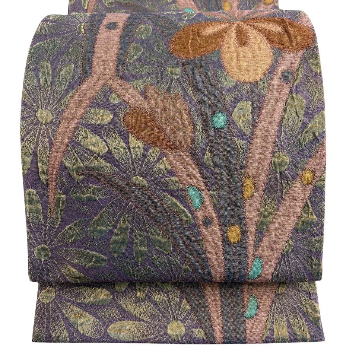 【美品】 袋帯 秀品 草花 金糸 灰紫 六通 正絹 【中古】