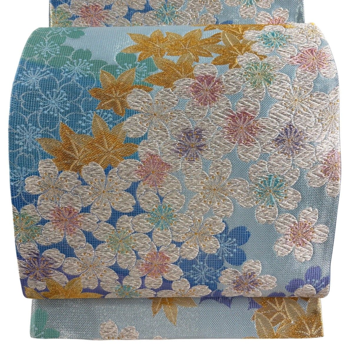【美品】 袋帯 秀品 桜 楓 唐織 箔 水色 六通 正絹 【中古】
