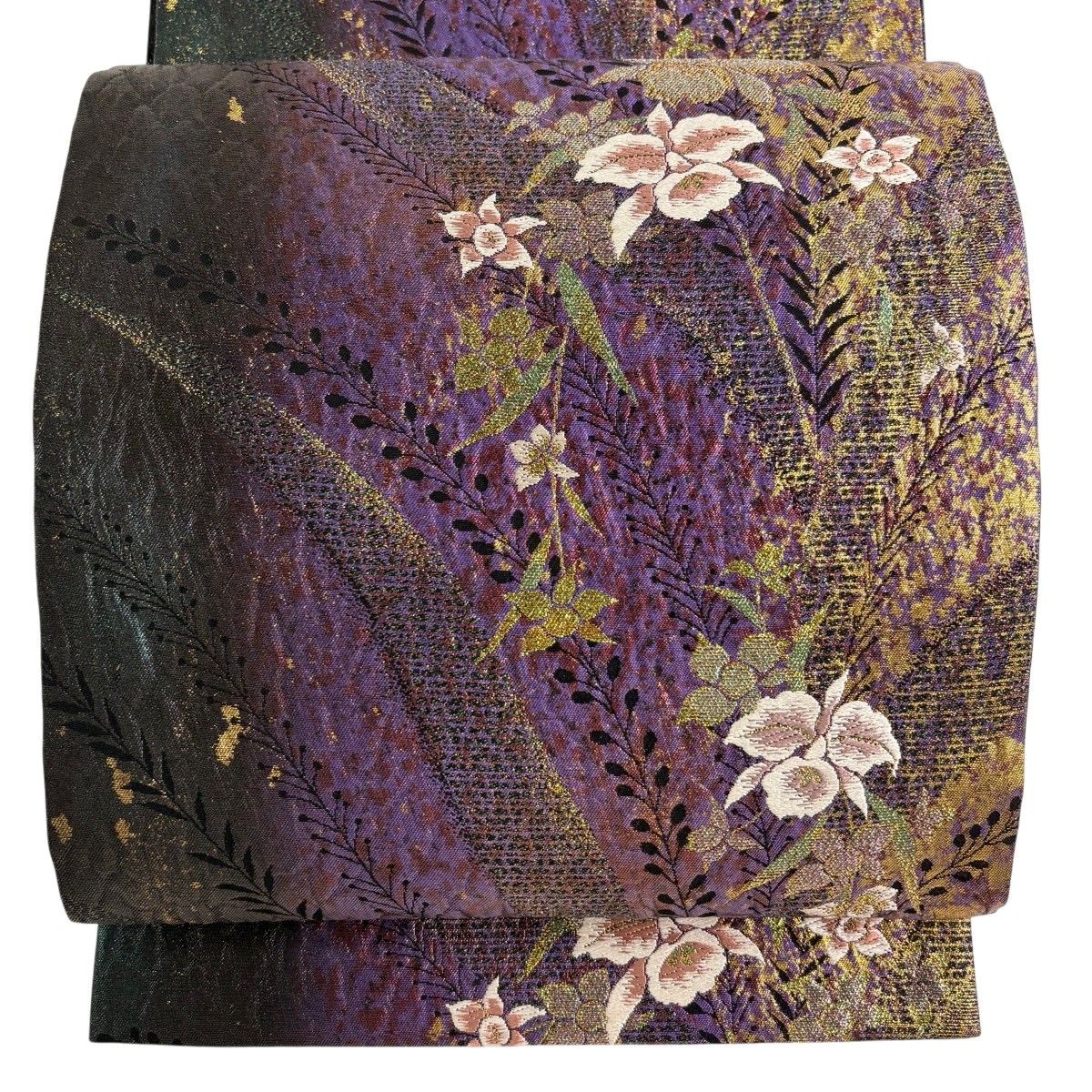 【美品】 袋帯 秀品 草花 葉柄 箔 紫 六通 正絹 【中古】