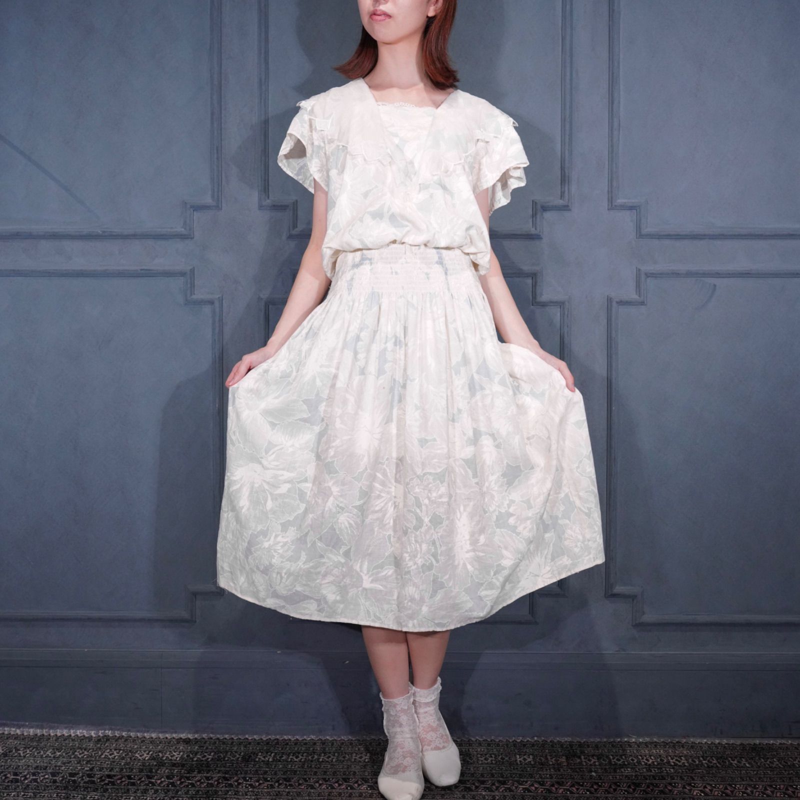 70's～80's USA VINTAGE Stuart Allan Petites FLOWER PATTERNED BIG COLLAR DESIGN HALF SLEEVE ONE PIECE/アメリカ古着お花柄ビッグカラーデザイン半袖ワンピース
