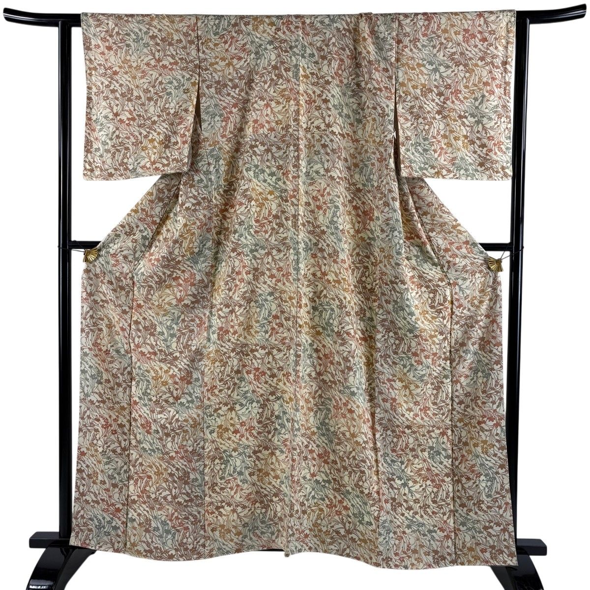 【美品】 小紋 身丈159.5cm 裄丈64cm M 袷 草花 ベージュ 正絹 秀品 【中古】 6,864円