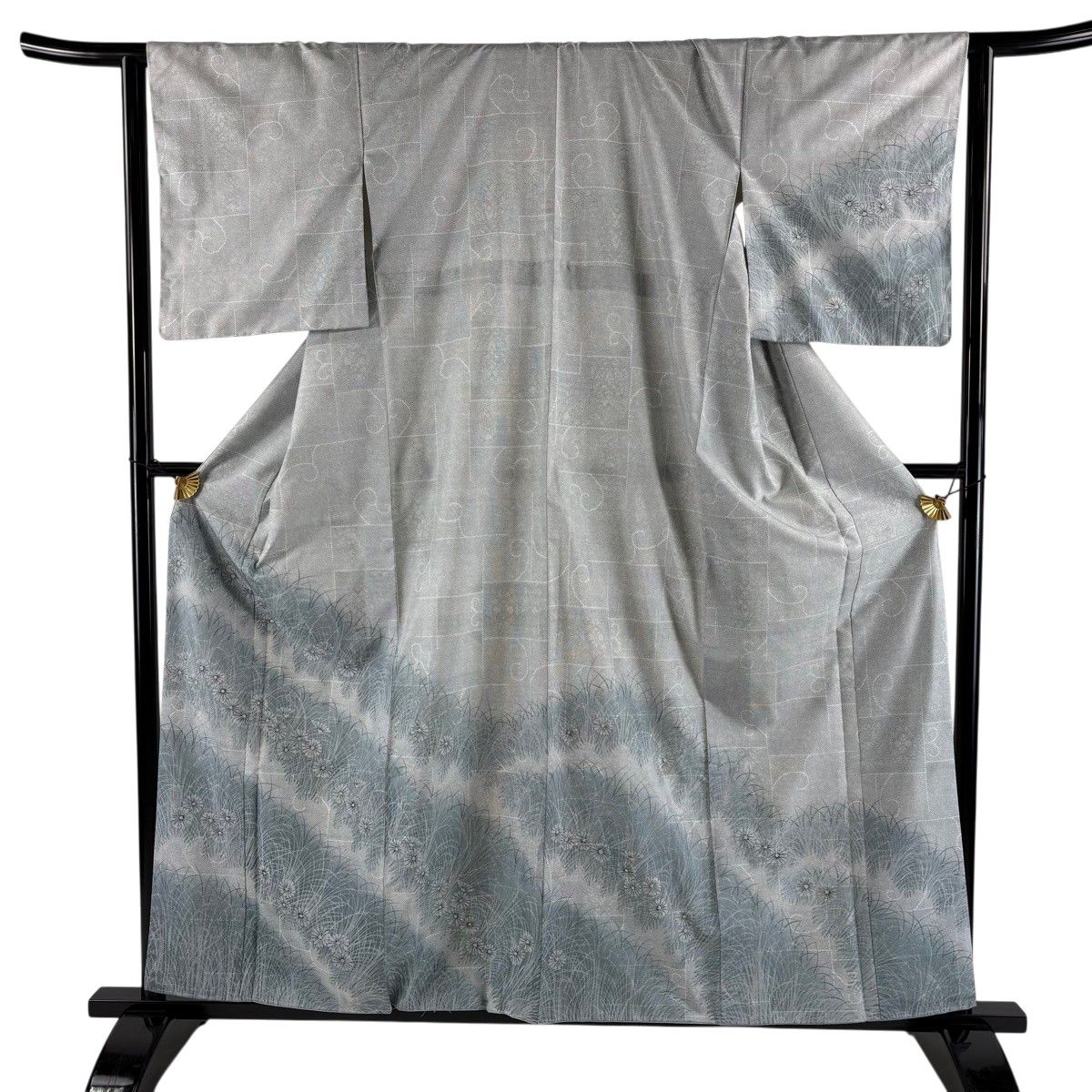 【美品】 付下げ 身丈159cm 裄丈64cm M 袷 紬地 草花 唐草 薄青緑 正絹 秀品 【中古】