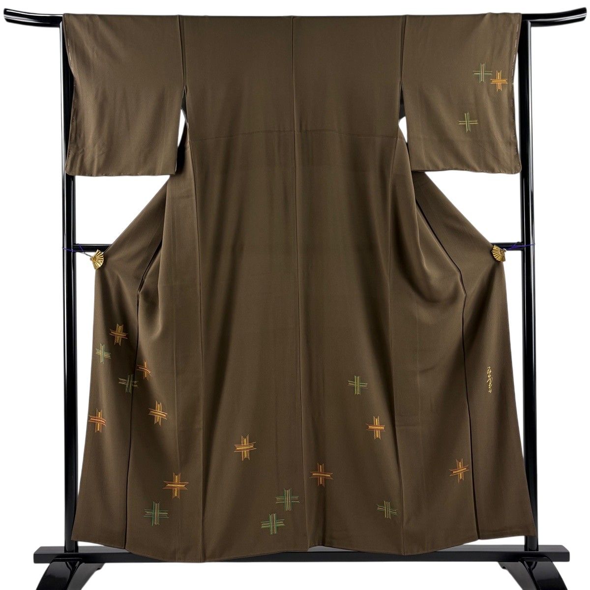 【美品】 付下げ 身丈156cm 裄丈64.5cm M 袷 幾何学 金糸 焦茶色 正絹 秀品 【中古】