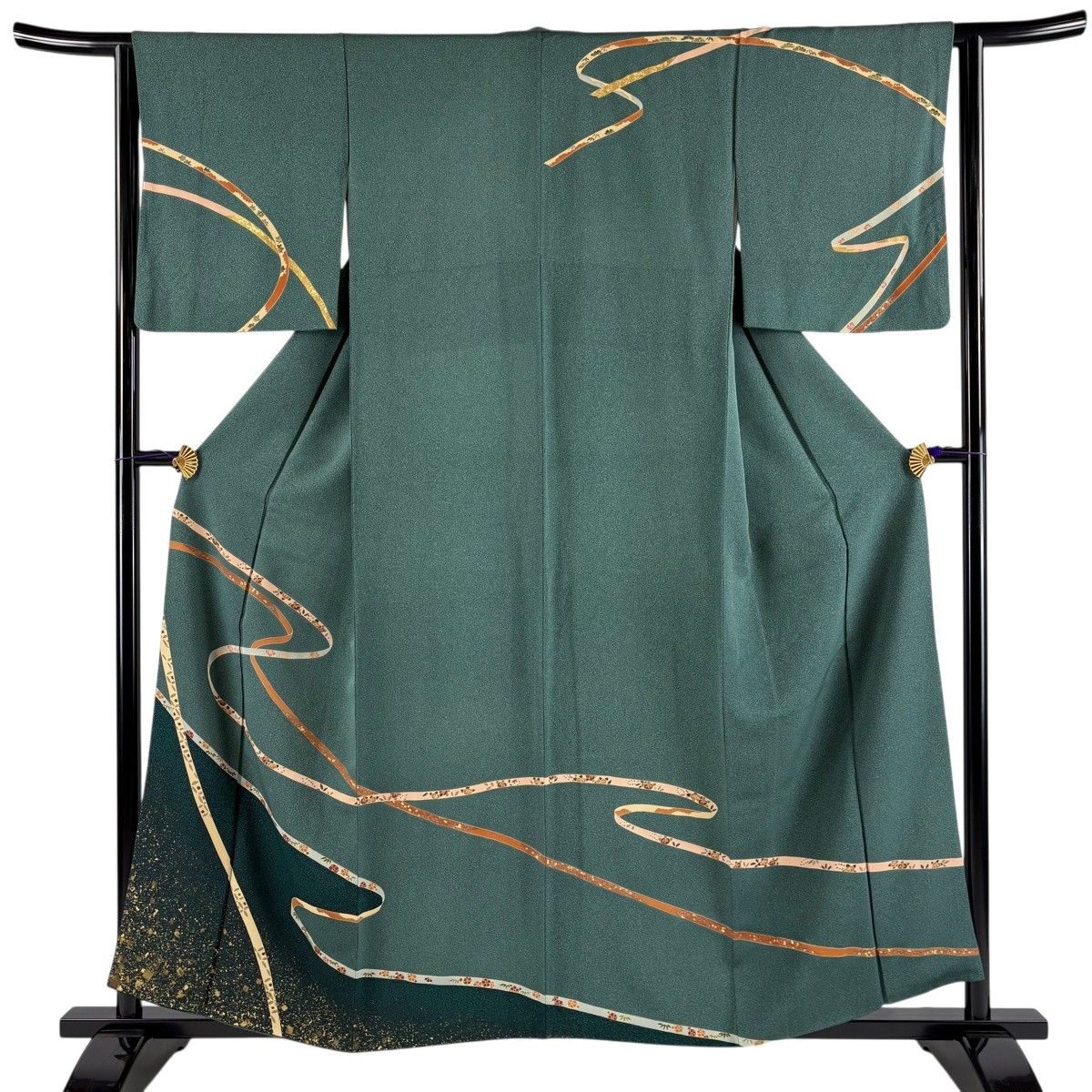 訪問着 身丈158cm 裄丈63cm S 袷 蔓帯 草花 金彩 染め分け 緑 正絹 秀品 【中古】