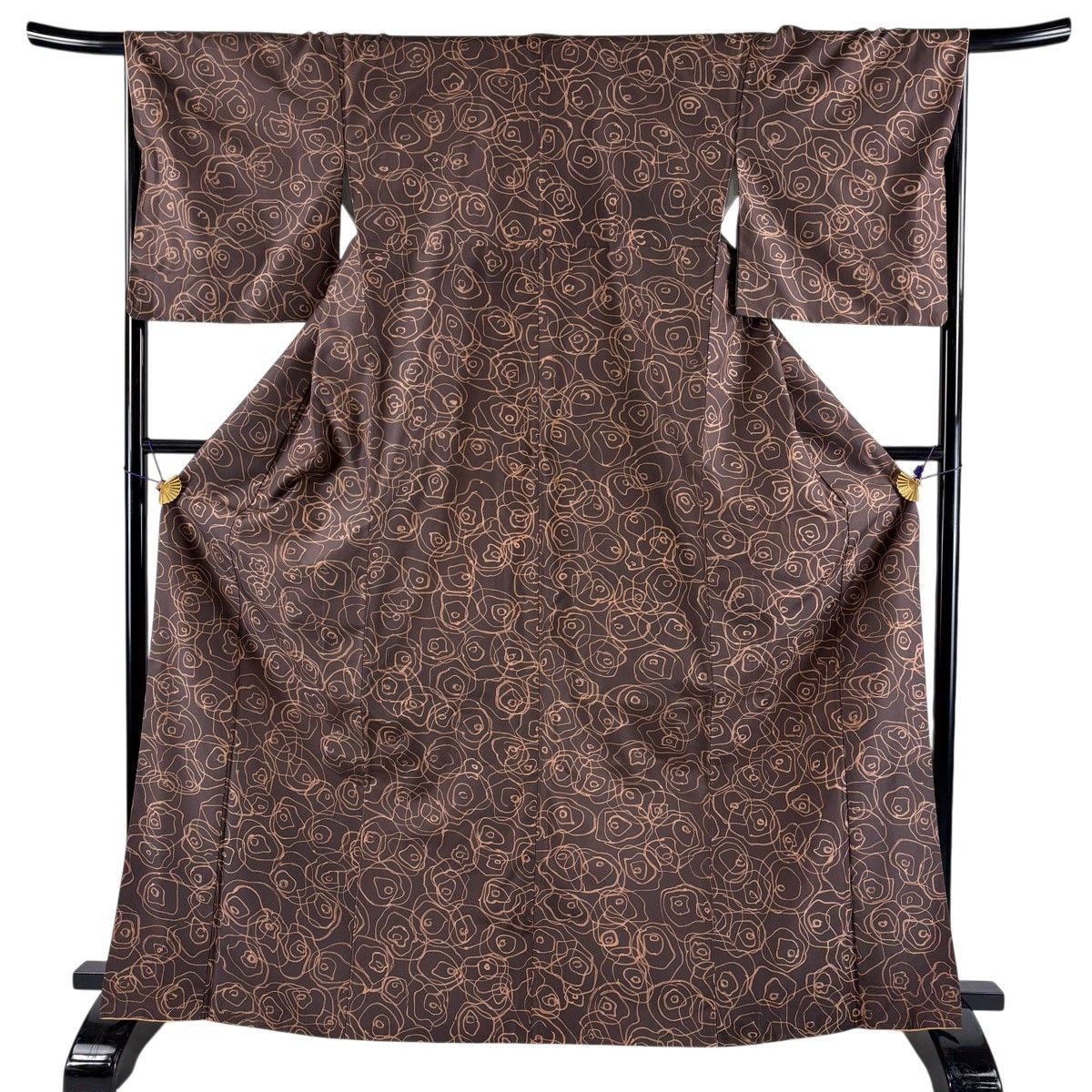 【美品】 小紋 身丈167cm 裄丈67cm M 袷 紬地 薔薇 茶紫 正絹 秀品 【中古】