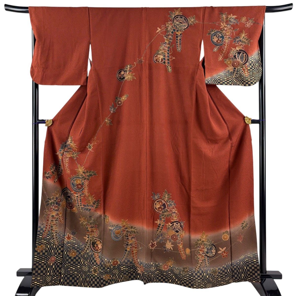 訪問着 身丈164cm 裄丈68cm L 袷 藤 蝶 金彩 染め分け 赤茶 正絹 秀品 【中古】