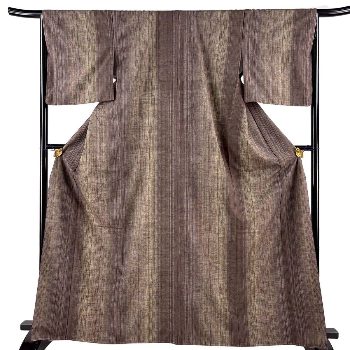 【美品】 紬 身丈166.5cm 裄丈66cm M 袷 証紙 よろけ縞 茶紫 正絹 秀品 【中古】