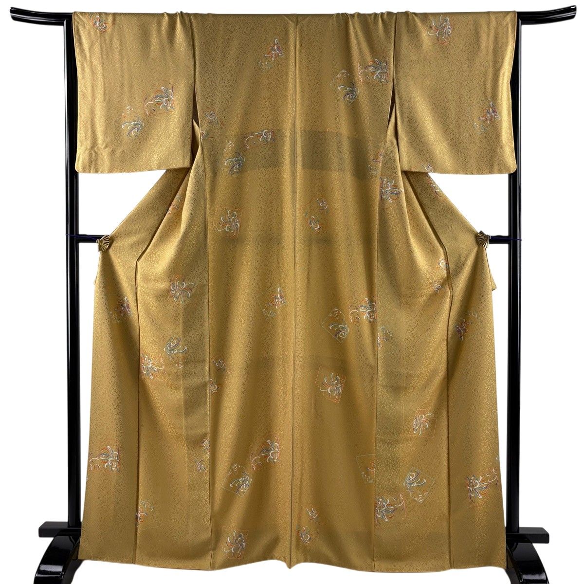 【美品】 小紋 身丈165.5cm 裄丈66cm M 袷 破れ色紙 乱菊 金彩 薄黄土色 正絹 秀品 【中古】