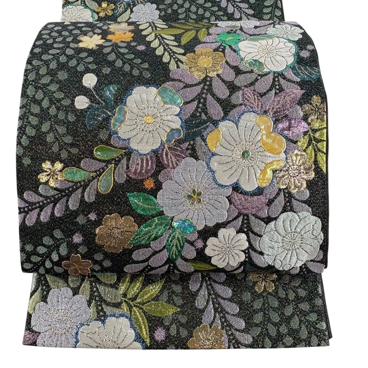 【美品】 袋帯 名品 辻が花柄 箔 螺鈿 黒 お太鼓柄 正絹 【中古】