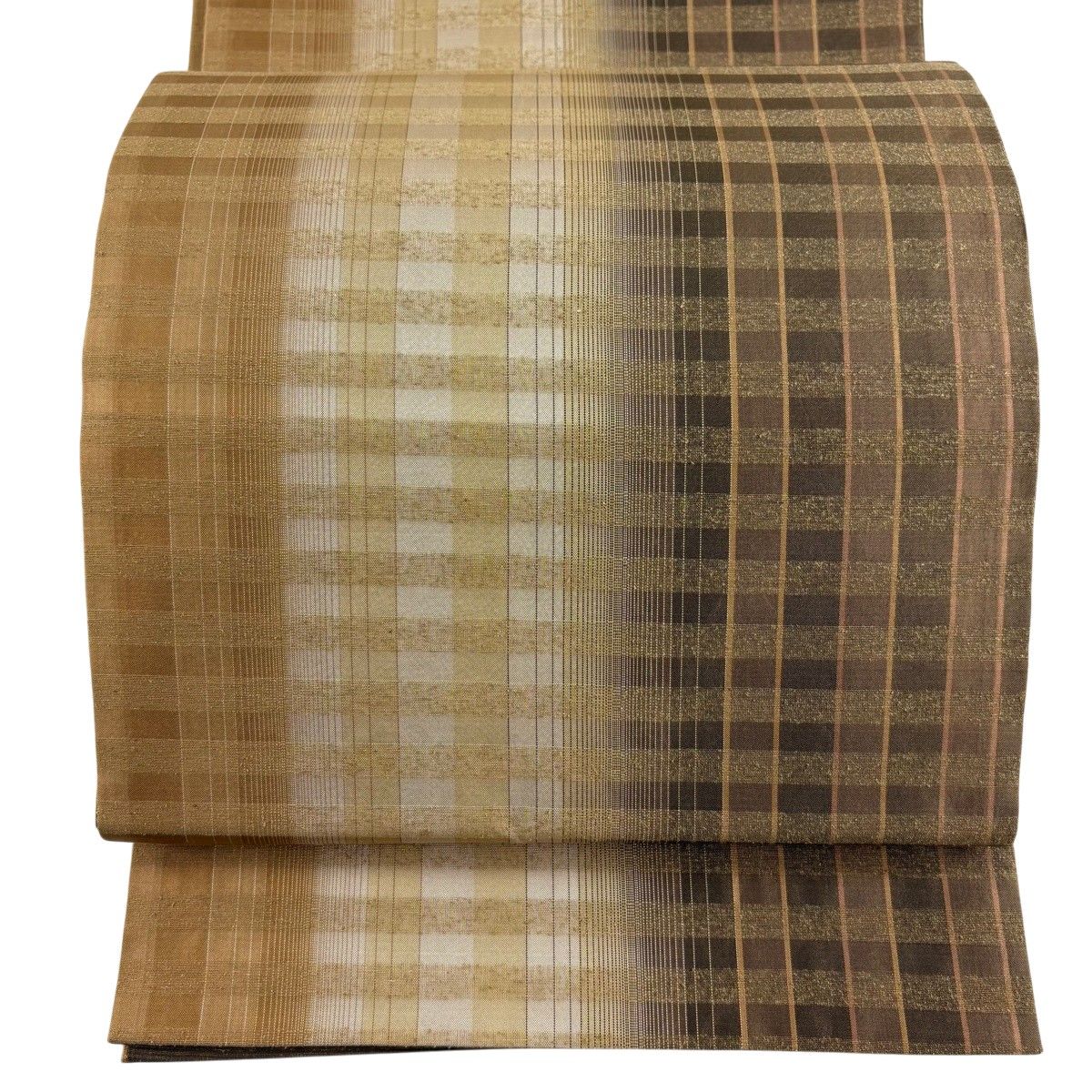 【美品】 袋帯 名品 縞 茶色 全通 正絹 【中古】