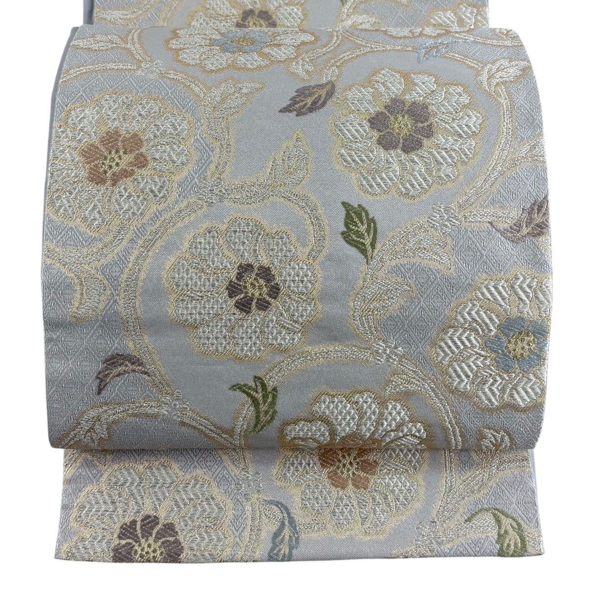 袋帯 名品 花唐草 銀糸 箔 灰白 六通 正絹 【中古】 10,074円