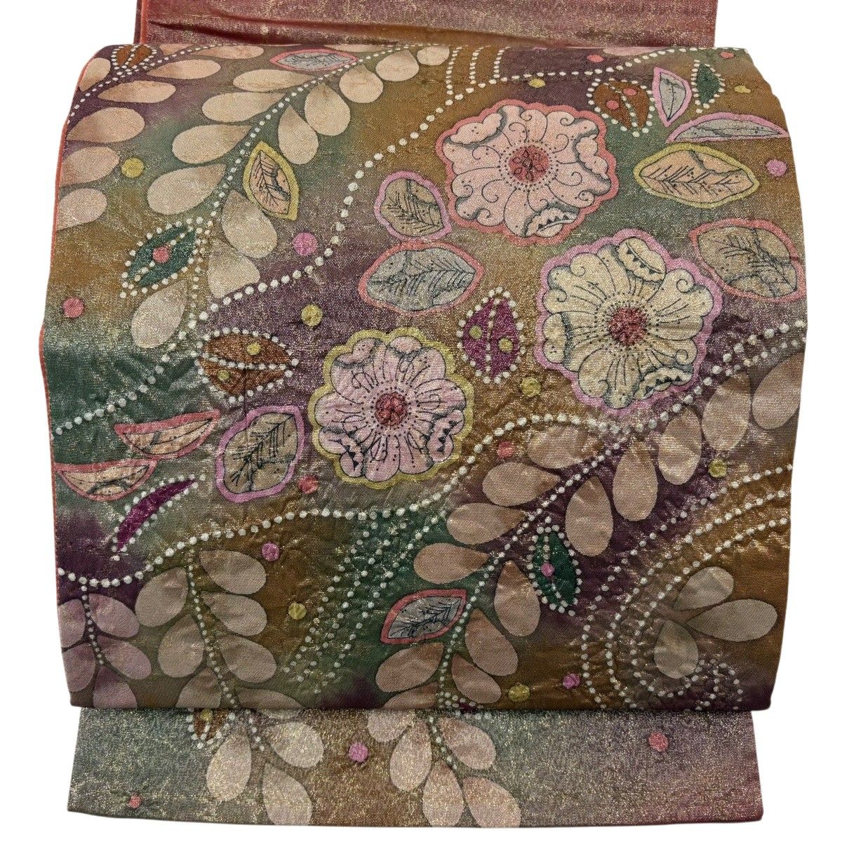 【美品】 袋帯 名品 落款 草花 箔 山吹色 お太鼓柄 正絹 【中古】