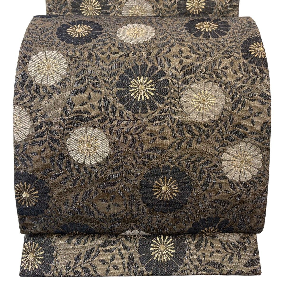 【美品】 袋帯 名品 菊唐草 金糸 箔 焦茶色 六通 正絹 【中古】