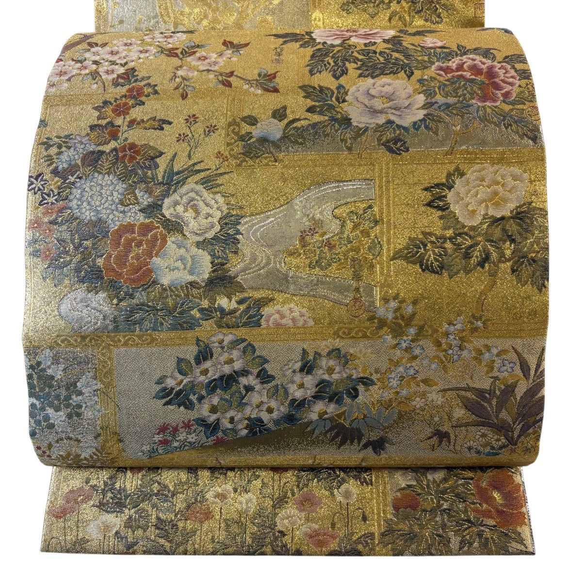 【美品】 袋帯 名品 草花 枝花 箔 金色 お太鼓柄 正絹 【中古】