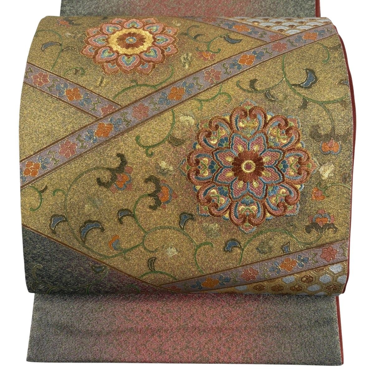 袋帯 名品 華文 花唐草 刺繍 金銀彩 金茶 お太鼓柄 正絹 【中古】 9,660円